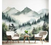Papier Peint Panoramique Paysage De Forêt Orientale Montagnes Brumeuses À L'Aquarelle, 3D Papier Peint Format Xxl Murale Pour Salon Décoration Murale Chambre Enfant Vert 350 X 256 Cm Tableaux Poster