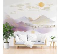 Papier Peint Panoramique Paysage de Montagne Aquarelle Violet Papier Peint Intissé Poster Mural xxl Bâtiment Rétro Fleuri Poster Mural 3D pour Salon Chambre Décoration Murale 350x256cm(L x H)