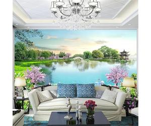 Papier Peint Panoramique Paysage de Parc 350x256 cm 3D Papier Peint Intissé Fleurs Et Plantes Au Bord Du Lac Photo Trompe l'oeil Poster Geant Mural Salon Chambre Décoration Murale a-3773