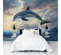 Papier Peint Panoramique Paysage de Vagues au Coucher du Soleil 365x254cm(L x H) Papier Peint Intissé Décoration Murale Moderne - Tapisserie Décorative pour Chambre Salon - Dauphins Marins