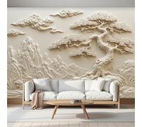 Papier Peint Panoramique Paysage En Relief Chinois Pins Textures Montagneuses Papier Peint 3D Installation Facile Intissé Beige Bureau Salon Canapé Chambre Décoration Murale Fresque, 400X280Cm