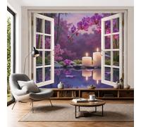 Papier Peint Panoramique Paysage Lacustre D'Inspiration Zen Violet 350X256Cm, Papier Peint Intissé Bambou Japonais Orchidée Décoration Murale Chambre D'Enfants, Fresque Murale Pour Salon Chambre