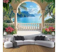 Papier Peint Panoramique Paysage marin tropical Fleurs de plage de Shimen 300x210cm | Papier Peint soie Moderne Mode Géant 3D Décoration Murale pour Salon Chambre Salle à Manger Chambre d'Enfant