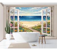 Papier Peint Panoramique Paysage Méditerranéen De Rêve 350X256Cm Murale Photo - Plage De Fleurs Féerique Bleu Tapisserie Murales Papier Peint Intissé Pour Chambre Salon Fond Tv - Photo Muraux