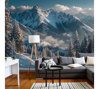 Papier Peint Panoramique Paysage Montagne Enneigé Et Ensoleillé Forêt D'Hiver 250X175Cm (L X H) Papier Peint Mural, Poster Geant Mural 3D, Bleu Profond Décoration Murale Pour Salon Chambre D'Enfants