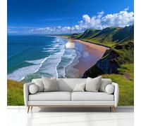 Papier Peint Panoramique Paysage Nature Côte Falaise Vagues Prairie 400 x 280 cm - Bleu Poster Géant Mural Intissé Effet 3D Trompe l'œil - Décoration pour Salon, Chambre d'Enfant & Salle à Manger
