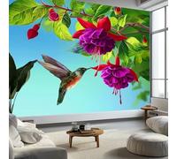 Papier Peint Panoramique Paysage Naturel, Papier Peint Fleurs Feuilles Vertes Colibris, Poster Mural Géant Fresque Murale Moderne pour Salon Chambre d’Enfants Restaurant, 250 x 175 cm (L x H)