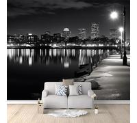 Papier Peint Panoramique Paysage Nuit Bâtiments Plage Intissé Tapisserie Poster Mural Noir Blanc Décoration Murale 300 x 210 cm pour Fresque Murale 3D HD pour Salon Chambre Cuisine