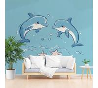 Papier Peint Panoramique Paysage Peint de Dauphins et D'étoiles de mer Poster Geant Mural, Vagues et Plage Papier Peint Intissé Mural pour Salon Canapé TV Fond Décoration Murale 500x317cm(L x H)