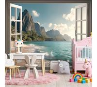 Papier Peint Panoramique Paysage Plage Tropicale Vue Sur La Montagne Vacances Affiche, 200 x 140 cm Bleu Murale Décoration Murale Moderne, Pour Salon Chambre D'Enfants Restaurant Murales