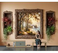 Papier Peint Panoramique Paysages côtiers en trois dimensions, Papier Peint Sentier forestier d'automne en bord mer pour Chambre, Décoration Murale pour Salon, 450x315cm Poster Mural & Wallpaper Brun
