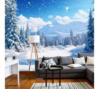 Papier Peint Panoramique Paysages naturels, Papier Peint Forêts de pins enneigées et montagnes enneigées pour Chambre, Décoration Murale pour Salon, 250x175cm (L x H) Poster Mural & Wallpaper Bleu