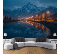 Papier peint Panoramique Paysages Naturels - Papier Peint Montagnes Enneigées Rues Petites Villes Imperméable, Décoration Murale Bleu tissu non tissé, pour Chambre à Coucher Salon - 200 x 140 cm