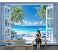 Papier Peint Panoramique Paysages Plage Tropicale, Papier Peint Intissé Fenêtre Simulation 3D Fresque Murale, 396X280 Cm Poster Geant Mural Pour Salon Chambre Décoration