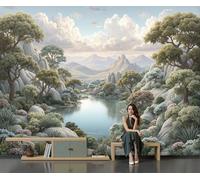 Papier Peint Panoramique Paysages Vallée Tranquilles, Papier Peint Intissé Paysages Naturels Réalistes Fresque Murale, 308 X 220 Cm Poster Geant Mural Pour Salon Chambre Décoration