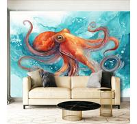 Papier Peint Panoramique Peinture à l'aquarelle d'une pieuvre Fresque Murale Intissée - Décoration Murale Pour Salon, Chambre, 350 x 256 cm Papier Peint Intissé Brun