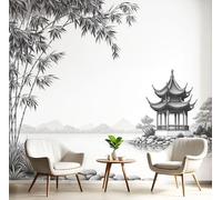 Papier Peint Panoramique Peinture À L'Encre Bambou Architecture, Papier Peint Paysage Chinois Noir Blanc 400X280Cm, Tableaux Poster Photo Décoration Murale, Fond Tv Décoration Murale Salon Chambre