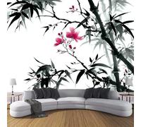 Papier Peint Panoramique Peinture À L'Encre De Chine 300×210 Cm (W×H) - Décoration Papier Peint Intissé Moderne - Tapisserie Murale Tableaux Muraux Pour Chambre Salon - Motif De Bambou Et De Fleurs
