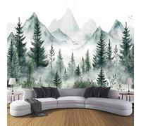 Papier Peint Panoramique Peinture À L'Encre Forêt Pins Poster Intissé Geant Mural 3D 400×280cm Photo Mural Montagnes Brouillard Wallpaper pour Chambre Salon Personnalisé XXL Décoration Murale Vert