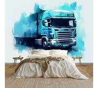 Papier Peint Panoramique Peinture À L'Huile Camion Bleu Poster Geant Mural 300x210 cm, pour Salon Chambre Chambre D'enfants Restaurant Décoration Murale, Gris Clair