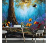 Papier peint panoramique peinture à l'huile fantastique 200L x 140H cm, Tapisserie mural décoration salon - Papier peint design moderne forêt arbres coloré fleurs pour chambre d'enfant murale