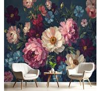 Papier Peint Panoramique Peinture À L'Huile Romantique Française 400x280cm Tapisserie Panoramique Fleurs Rétro Tableaux Muraux Poster Décoration Murale pour Salon Chambre Restaurant Bureau, Bleu Foncé