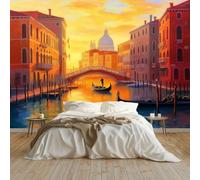 Papier Peint Panoramique Peinture À L'Huile Style Ville De Venise Poster Geant Mural 200x140 cm, pour Salon Chambre Chambre D'enfants Restaurant Décoration Murale, Couleur Orange