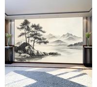 Papier Peint Panoramique peinture de paysage à l'encre Intissé 200 x 140 cm Gris Peinture Murale Chambre Salon