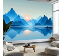 Papier Peint Panoramique Peinture De Paysage Chinois Papier Peint Intissé 450 x 280 cm, pour Mur Salon Cuisine Bain Couloir Salle à Mange Coucher De Soleil Sur Les Montagnes Brume