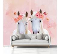 Papier Peint Panoramique Peinture Murale Dessin Animé Romance Animal Cheval Rose 3D Effet Intissé Grand Tapisserie Papier Peint Mural 150x105 cm pour Salon Chambre D'enfants Restaurant