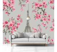 Papier Peint Panoramique Peinture Murale Paris Tour Eiffel Fleurs Gris 3D Effet Intissé Grand Tapisserie Papier Peint Mural 150x105 cm pour Salon Chambre D'enfants Restaurant