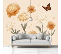 Papier Peint Panoramique Peinture Murale Rétro Fleurs De Pivoine Papillons Beige 3D Effet Intissé Grand Tapisserie Papier Peint Mural 400x280 cm pour Salon Chambre D'enfants Restaurant