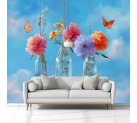 Papier Peint Panoramique Peinture Murale Thème De L'Amour Fleurs De Pivoine Papillons Bleu 3D Effet Intissé Grand Tapisserie Papier Peint Mural 250x175 cm pour Salon Chambre D'enfants Restaurant