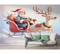 Papier Peint Panoramique Père Noël Traîneau Tiré Par Des Rennes 3D - Motif Flocon De Neige Hiver Fête - Décoration Murale pour Salon & Chambre, Intissé Autocollant Papier Mural, 400x280 cm K-771