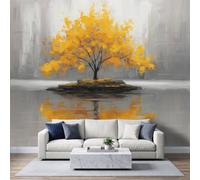 Papier Peint Panoramique Petite Île Arbre Solitaire Doré 300 x 210 cm Murale Photo - Luxe Impressionnisme Murales Papier Peint Intissé pour Chambre Salon Fond TV - Poster Tableaux Photo Muraux