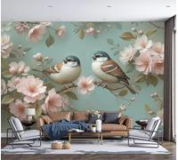 Papier Peint Panoramique Petits Oiseaux Perchés Sur Des Branches Aux Fleurs Roses 300×210 Cm - Tapisserie Panoramique L'Art Rococo Revêtement Murale Rose Décoration Murale Pour Salon, Chambre, Bureau