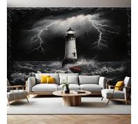 Papier Peint Panoramique Phare noir Sea Wave 3D Trompe L'oeil Moderne Papier Peint 250 x 175 cm Grandes Murales Poster pour Salon, Adulte Chambre d'enfants, Étude Décor