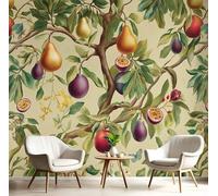 Papier Peint Panoramique Photographie Arbre Fruitier À Papillons Effet 3D Peinture Murale Soie 400X280Cm Plantes À L'Aquarelle Pour Salon Chambre À Coucher D'Enfant Maison Décoration Vert Crème