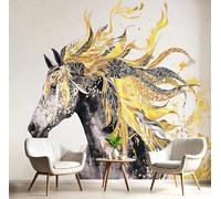 Papier Peint Panoramique Photographie Cheval Élégant Effet 3D Peinture Murale Interieur Soie 200X140Cm Animaux À L'Aquarelle Pour Salon Chambre À Coucher D'Enfant Maison Décoration Jaune Doré