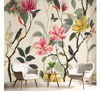 Papier Peint Panoramique Photographie Fleurs Et Oiseaux Effet 3D Peinture Murale Interieur Soie 350X260Cm Plantes Tropicales Pour Salon Chambre À Coucher D'Enfant Maison Décoration Blanc Cassé