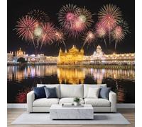 Papier Peint Panoramique Photographie Nocturne 200x140 cm | Papiers Peints Intissé Poster Architecture Ville Feux Artifice pour Salon Chambre Restaurant Décoration Murale