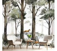 Papier Peint Panoramique Photographie Renard Des Arbres Effet 3D Peinture Murale Interieur Soie 350X260Cm Forêt À L'Aquarelle Pour Salon Chambre À Coucher D'Enfant Maison Décoration Gris-Vert