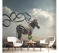 Papier Peint Panoramique Photographie Zèbre Des Prairies Effet 3D Peinture Murale Interieur Soie 400X280Cm Animaux Naturels Pour Salon Chambre À Coucher D'Enfant Maison Décoration Blanc Cassé