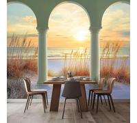 Papier Peint Panoramique Pilier en Pierre Voûté Rétro Papier Peint Intissé 400 x 280 cm 3D Effet Plage Photo Fresque Murale Poster Mural pour Chambre Salon Décoration Murale G1655