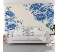 Papier Peint Panoramique Pivoine Chinoise Vintage Bleu Poster Geant Mural, Fleurs de Pivoine Naturel Papier Peint Intissé Mural pour Salon Canapé TV Fond Décoration Murale 250x175cm(L x H)