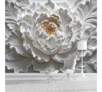 Papier Peint Panoramique Pivoine En Relief 3D 400x280cm - XXL Tableaux Muraux Fleurs Tridimensionnelles Revêtement Mural Décoration Murale pour Chambre Salle de Bain Couloir, Blanc