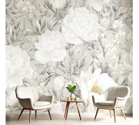 Papier Peint Panoramique Pivoine Feuilles Poster Intissé Geant Mural 3D 260×180cm Photo Mural Élégance Fleurs Plantes Wallpaper pour Chambre Salon Personnalisé XL Décoration Murale Gris