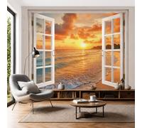 Papier Peint Panoramique Plage Coucher Soleil Depuis Fenêtre Orange 300X210Cm, Fresque Murale Intissé Plages Tropicales Vagues, Papier Peint Pour Salon Chambre D'Enfants Restaurant Décoration Murale
