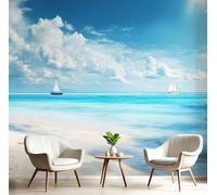 Papier Peint Panoramique Plage Sable Blanc Et Voilier Poster Intissé Geant Mural 3D 350× 256cm Photo Mural Nature Vue Mer Wallpaper pour Chambre Salon Personnalisé XXL Décoration Murale Bleu Ciel