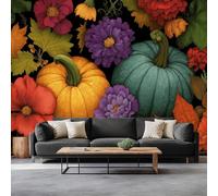 Papier Peint Panoramique Plante Citrouille Fleurs Feuilles D’Automne 350 x 256 cm Poster Murale 3D, Thème D’Halloween Tapisserie Photo Peinture Murale Intissé Fresque pour Salon Chambre Toile Fond TV